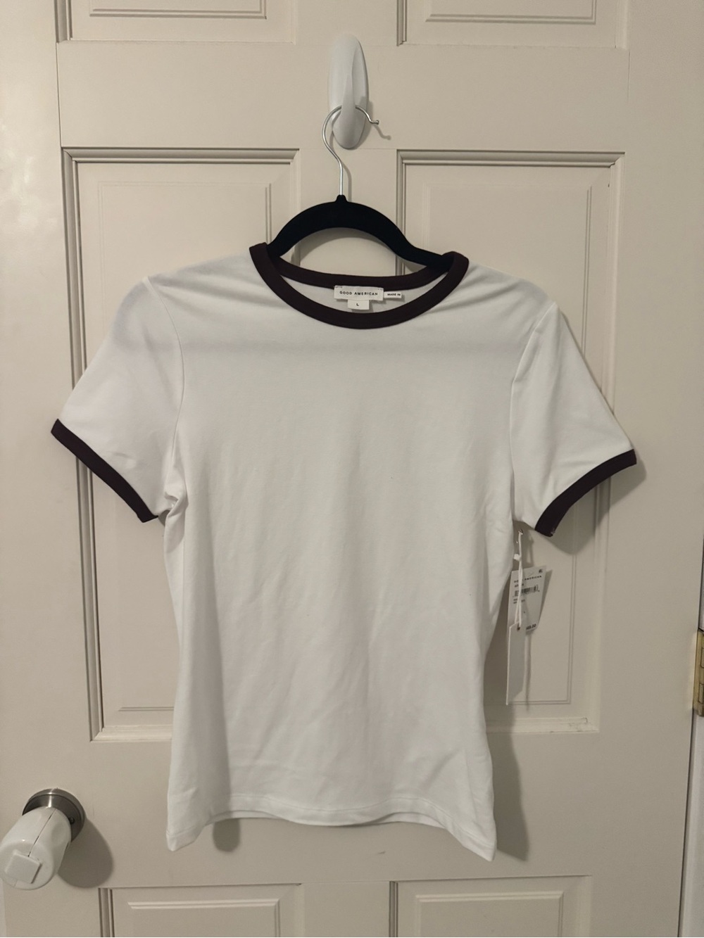 NWT Good American Contrast Trim Ringer Tee - White & Maroon - Size L
